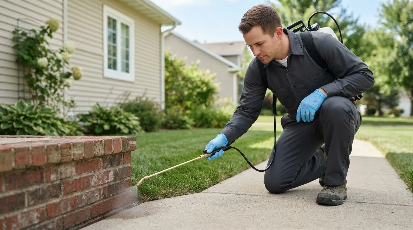 Pest control technician treating a home near Willow Creek, MT